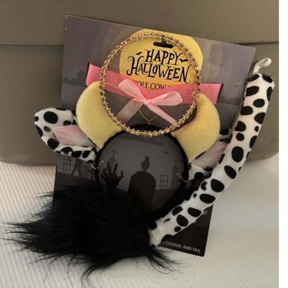 COW Instant Kit Halloween Accessory Black White Headband, Tail, Choker Bell Kit - Picture 2 of 6